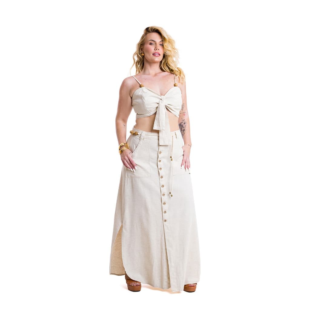 Conjunto Plus Size Saia Longa + Cropped 2 em 1 de Linho Premium com Cintinho