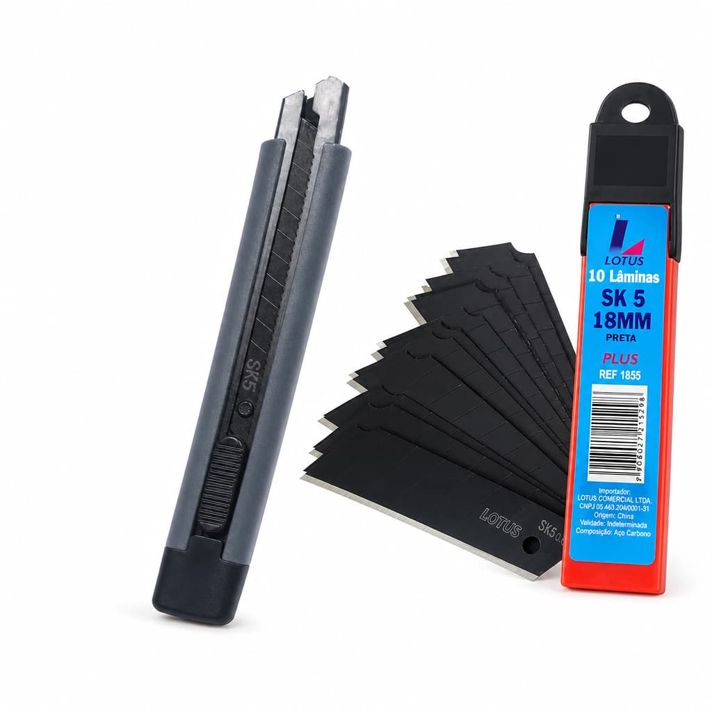 Kit Estilete Profissional 18mm ABS Reforçado + 10 Lâminas Aço SK5 Especial Lotus Cores Sortidas