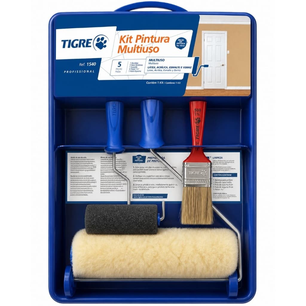 Kit Pintura Multiuso Tigre 5 pçs Rolos Pincel Bandeja Pintura