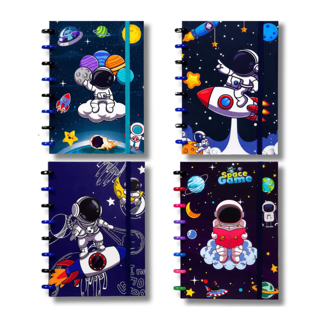 Caderno de capa dura com discos - A5 com linhas - Astronauta e Planeta - Infantil - 80 folhas - 16 cm x 21 cm
