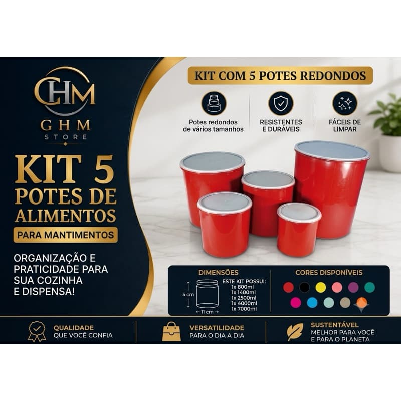 Kit Mantimento 5 Peças Liso Conjunto de Potes Redondos Organização de Cozinha