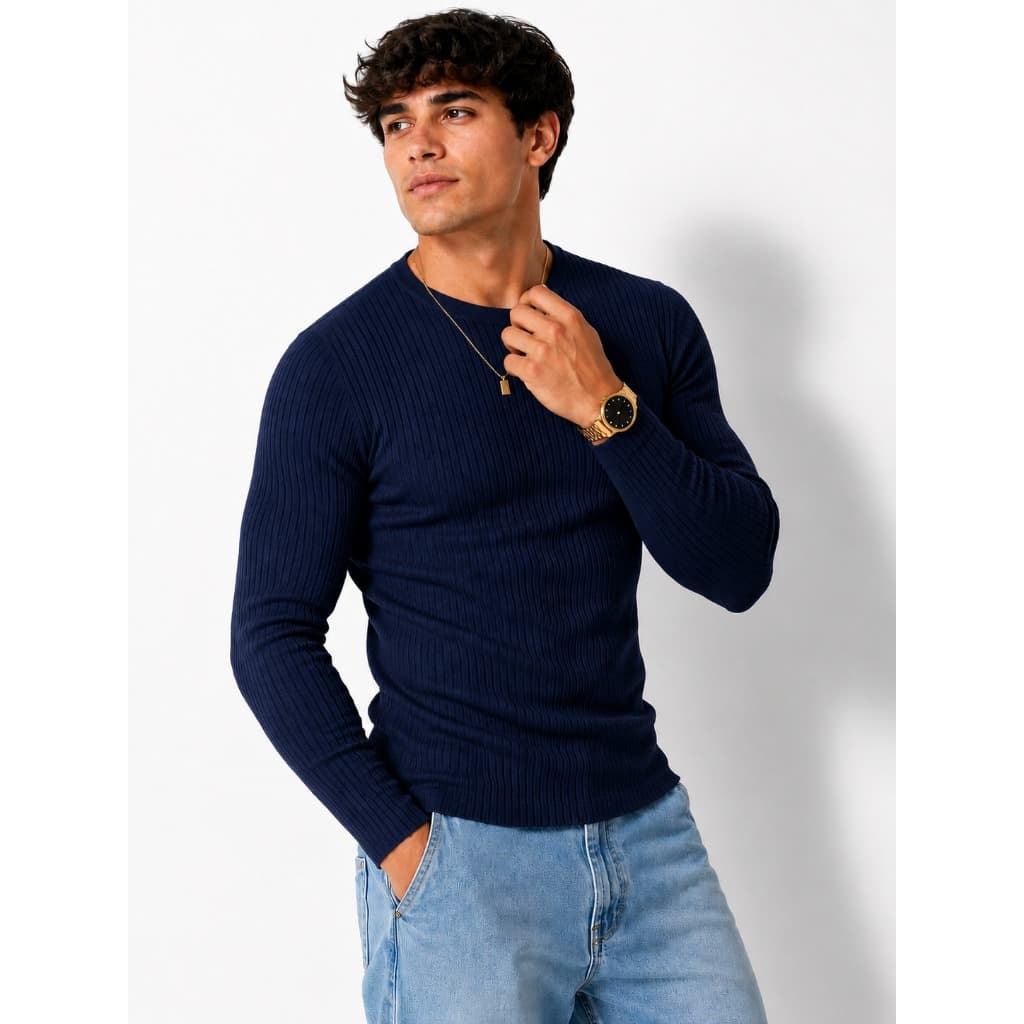 Camisa Masculina Manga Longa Malha Canelada Slim Gola Careca Blusa Masculina de Frio Inverno Térmica Premium