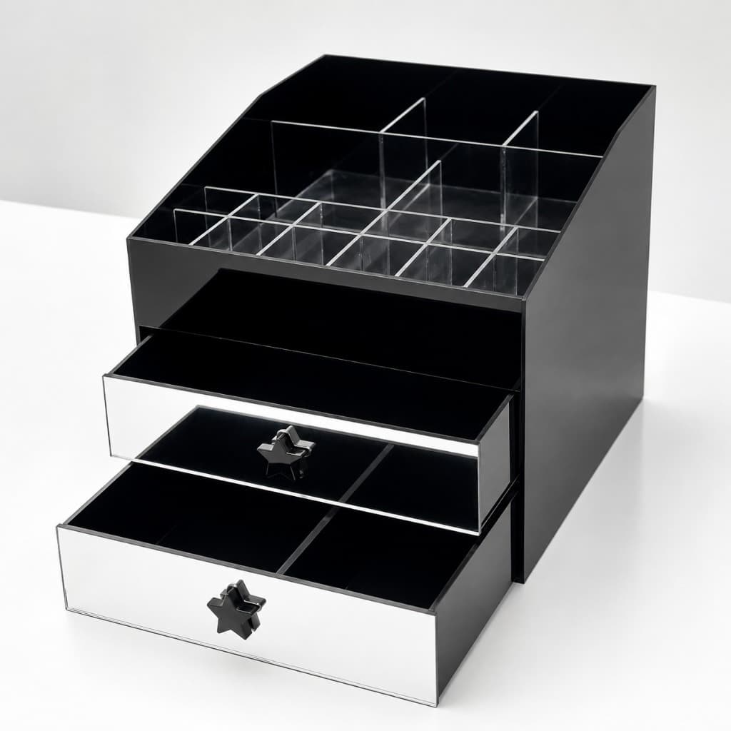 Organizador de Maquiagem em Acrílico Preto com 2 Gavetas e Divisórias | Porta Maquiagem Premium Espelhado