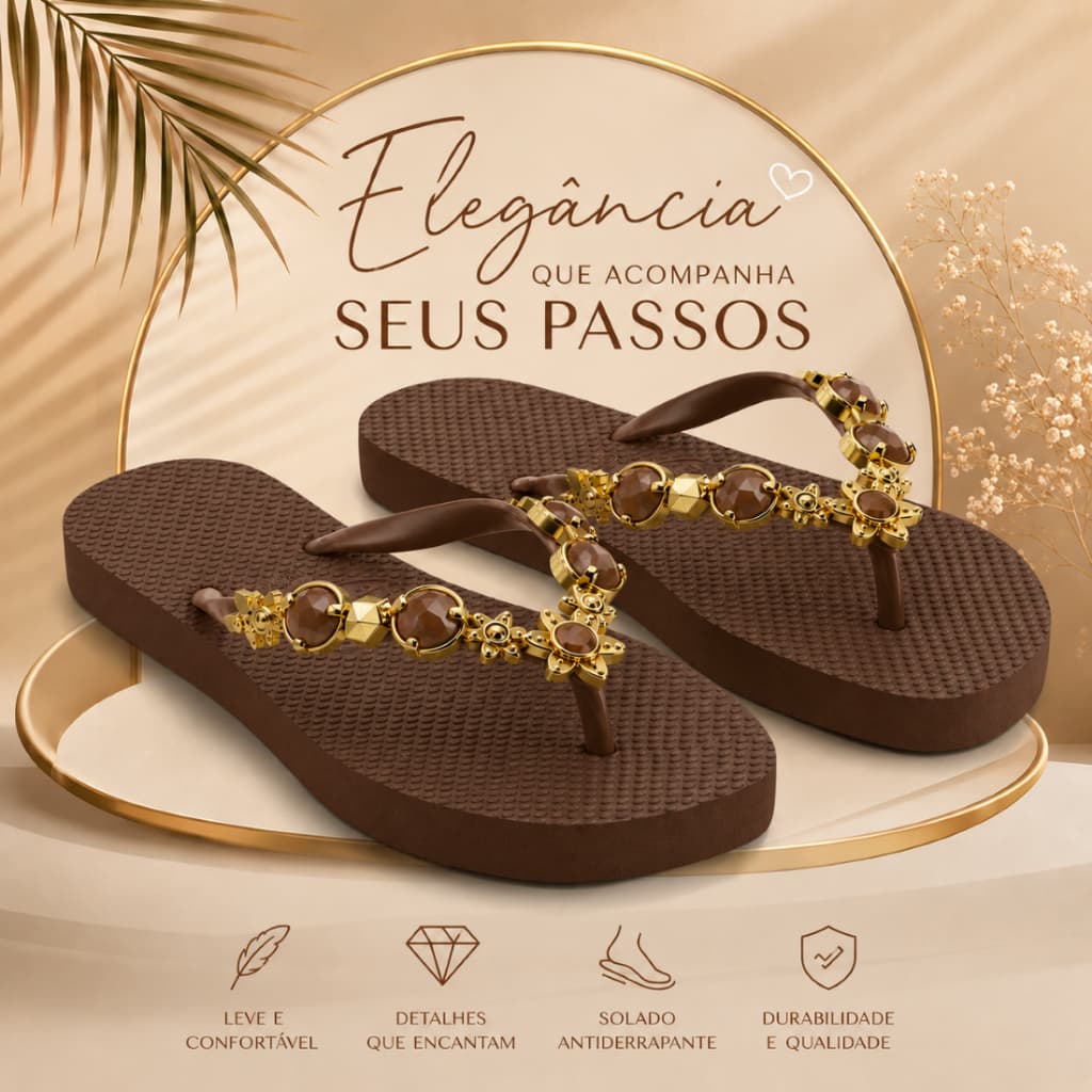 Chinelo Feminino Modelo Pedraria Marrom Com Brilho Sofisticado E Macio Ideal Para O Dia A Dia Top