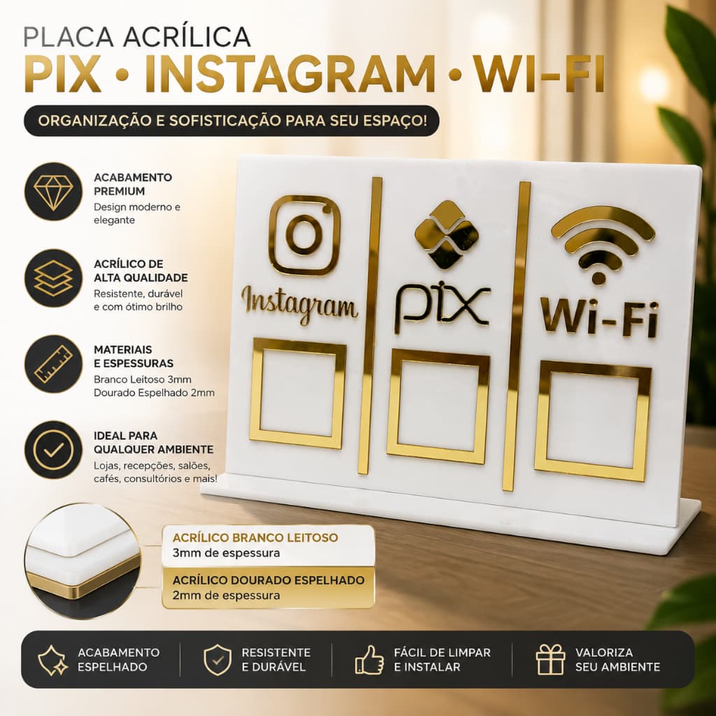 Placa de Mesa Acrílico para PIX, Instagram e Wi-Fi