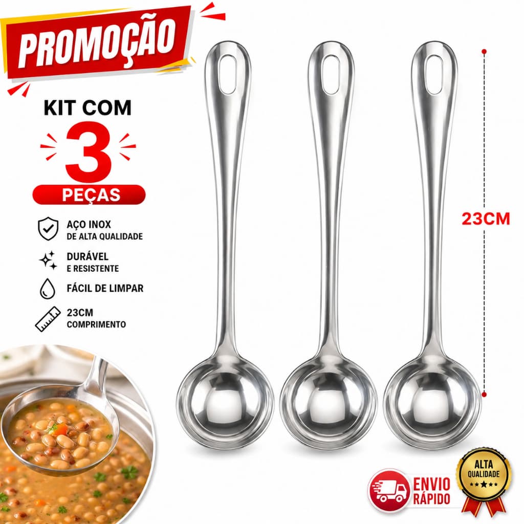 Kit 3 Concha Inox Para Feijão Sopa Feijoada 23cm Utensílio Cozinha