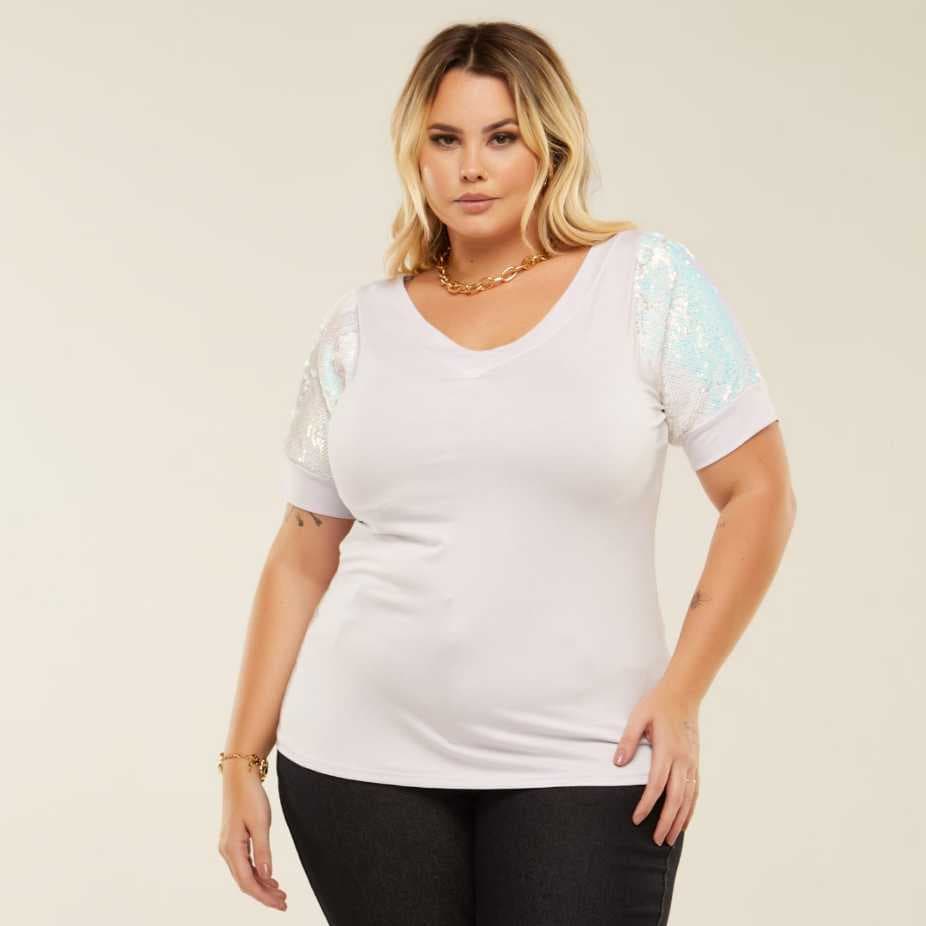 Blusa Social Paetê na Manga Decote em V  Plus Size Festa Viscolycra