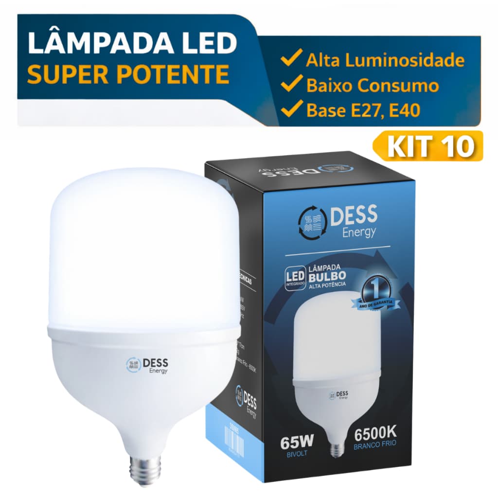 Kit 10 Lâmpadas Led Bulbo 65W 80W 100W 150W Alta Potência 6500K Branco Frio