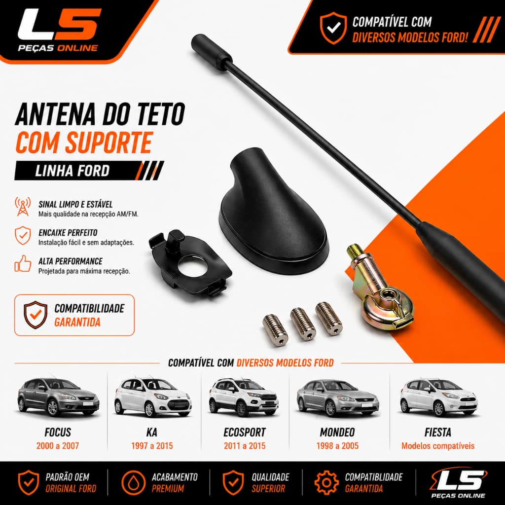 Antena Teto Ford Ka Focus Ecosport Fiesta Mondeo Haste 54cm Com Base Suporte 1996 A 2014 Original