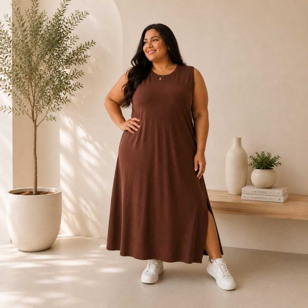 VESTIDO FEMININO PLUS SIZE MIDI REGATA FENDA ALGODÃO MODA EVANGELICA CASUAL DIA A DIA VÁRIAS CORES