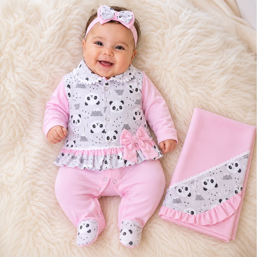 Saída de Maternidade Menina Mimosa Pandinha Rosa 04 Peças