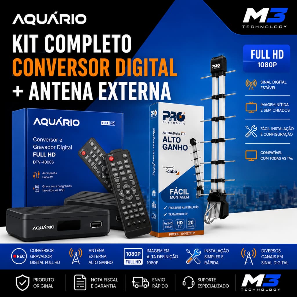 Kit Conversor Digital Full HD Aquário DTV-4000S + Antena Externa LTE PROHD-1040LTE02
