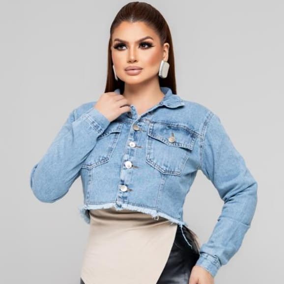 Jaqueta Jeans Cropped Feminina Premium Manga Longa Blogueira