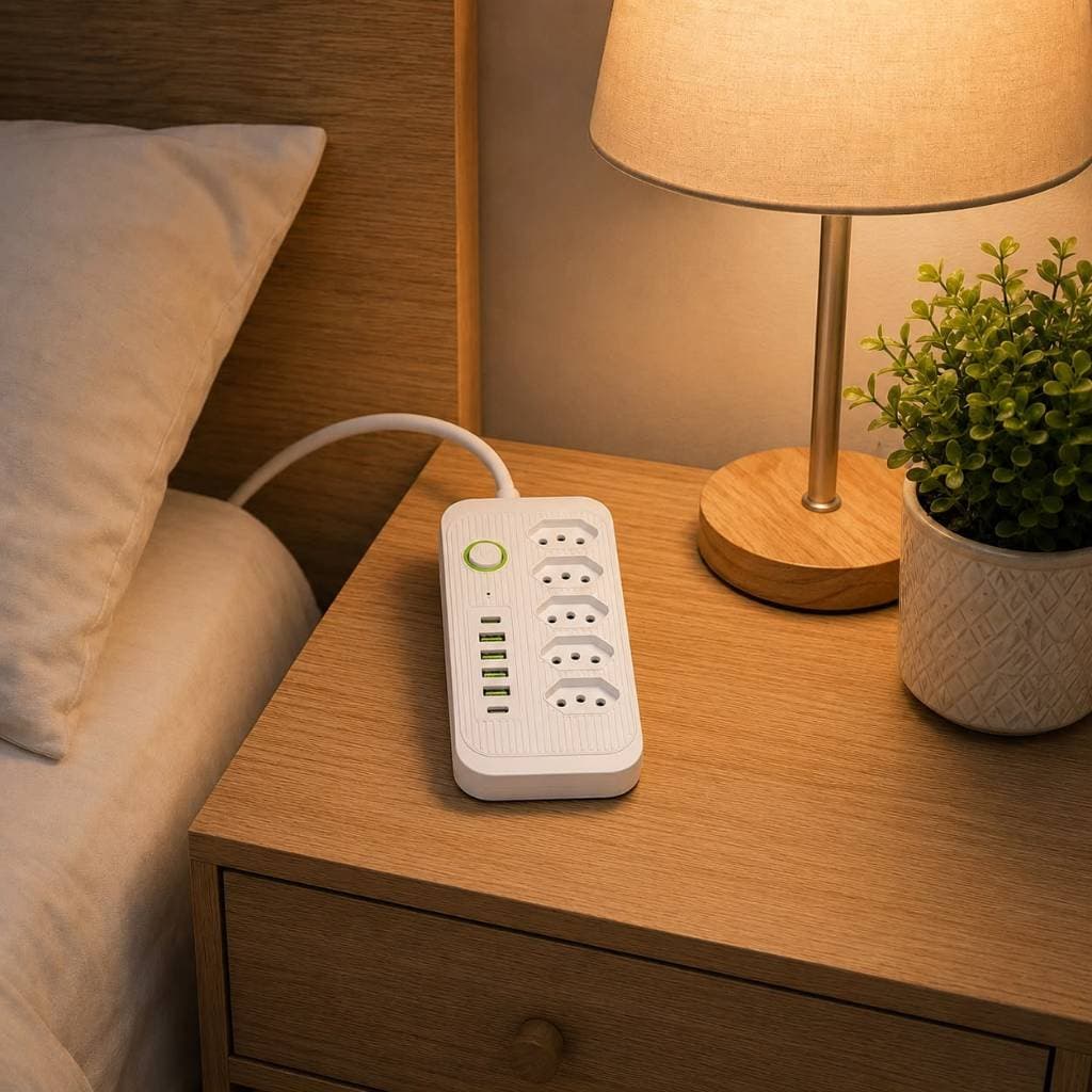 Extensão Régua Elétrica 5 Tomadas 4 USB + 2 USB-C com Interruptor Bivolt 2500W 10A Branco ou Preto