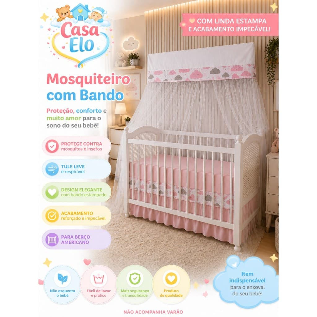 Mosquiteiro com Bando para Berço Americano Tule Branco Proteção Bebê Não Acompanha Varal