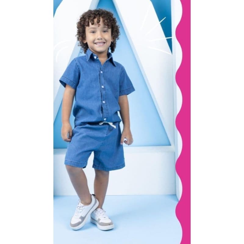 Conjunto Infantil Menino Linho Camisa Gola e Bermuda Elástico Casual Festa Verão