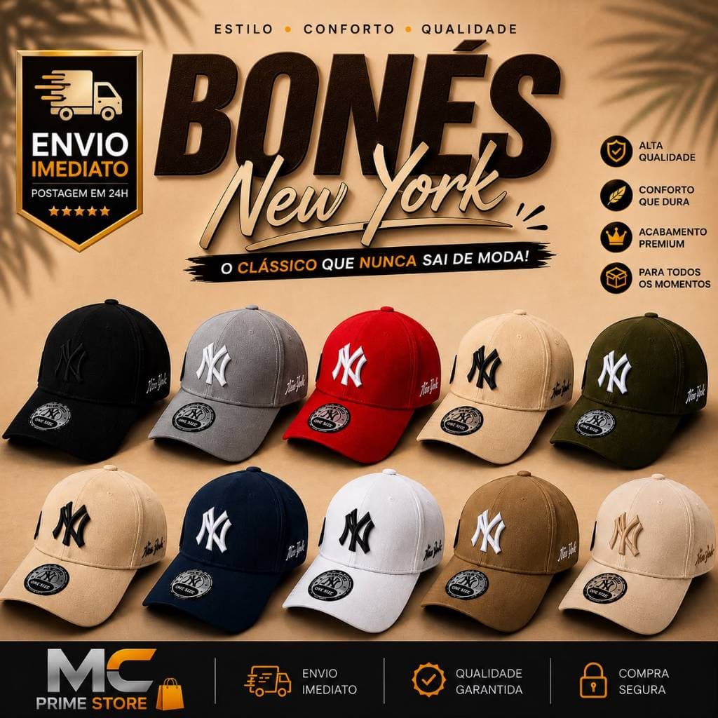 Boné New York Casual Bordado Alto Relevo Aba Curva Ajustável Unissex Várias Cores