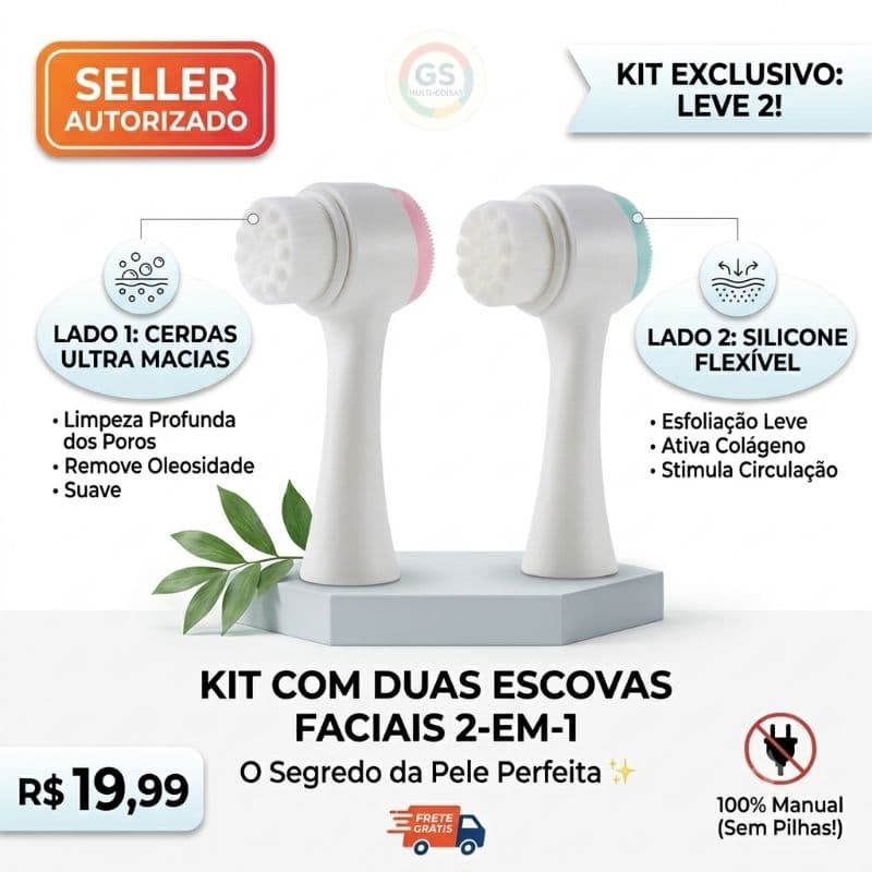 Escova Limpeza Facial 2 em 1 duas peças Prática Esfolia e Massageia Skin Care Pele Perfeita