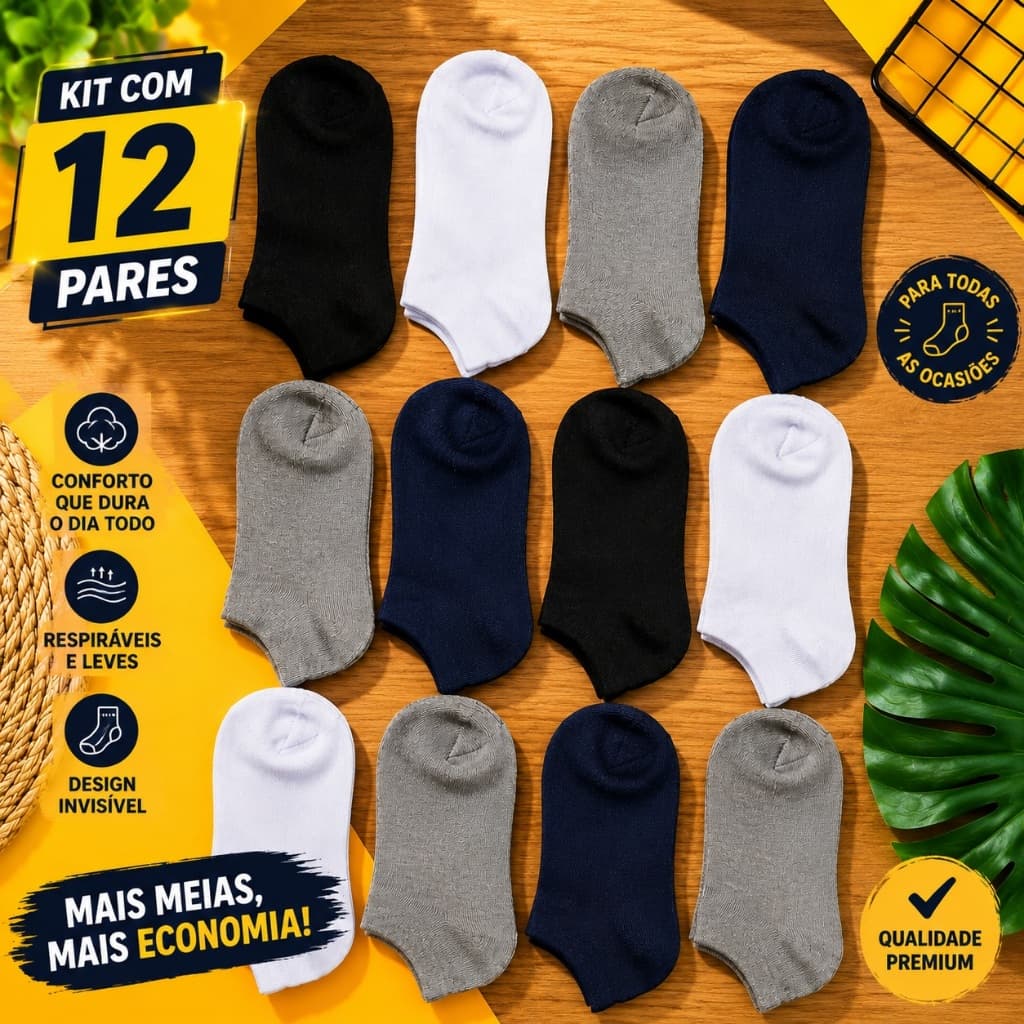 Kit 12 Pares de Meias Soquete 35/40 Unissex Cano Baixo Confortável Respirável branco azul preto cinza invisivel dia dia