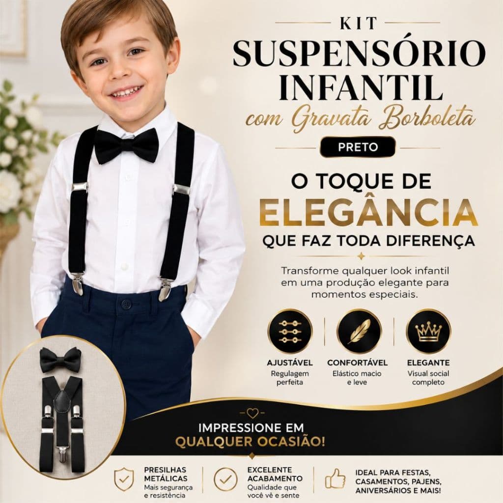 Kit Suspensório Infantil com Gravata Borboleta Preto Elástico Ajustável para Festa Casamento Aniversário