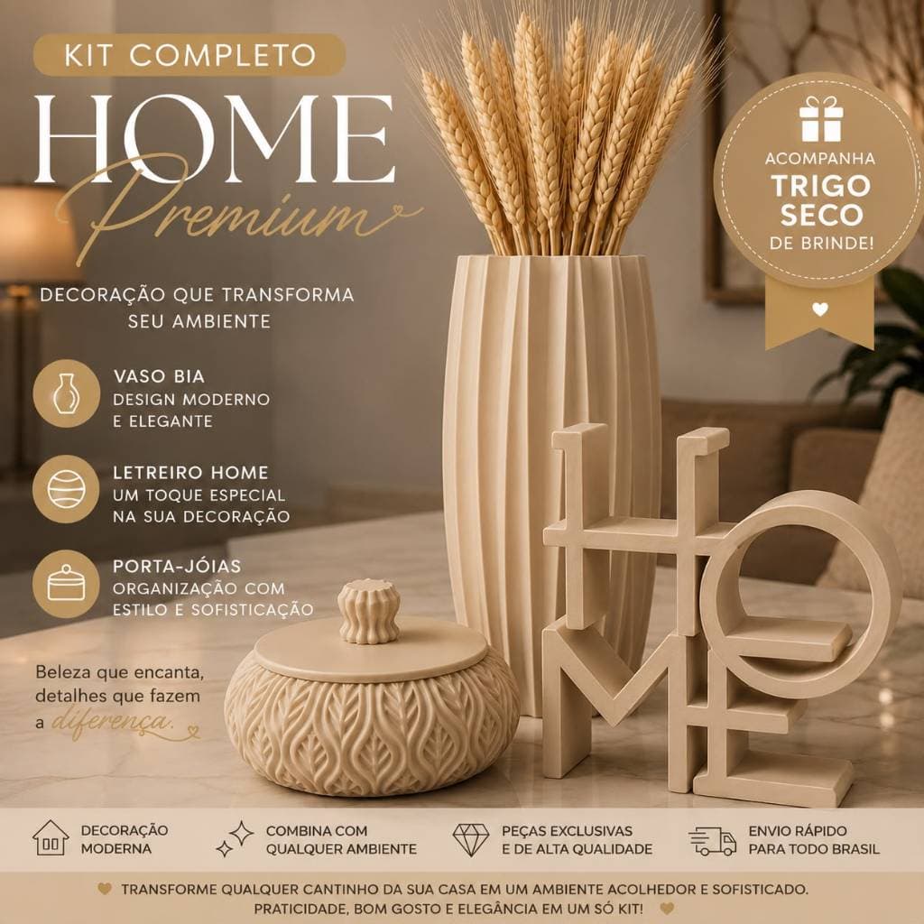 Kit Cantinho Perfeito | Decoração Sala Moderna Completa | Vaso Bia + HOME + Porta-Joias Mini