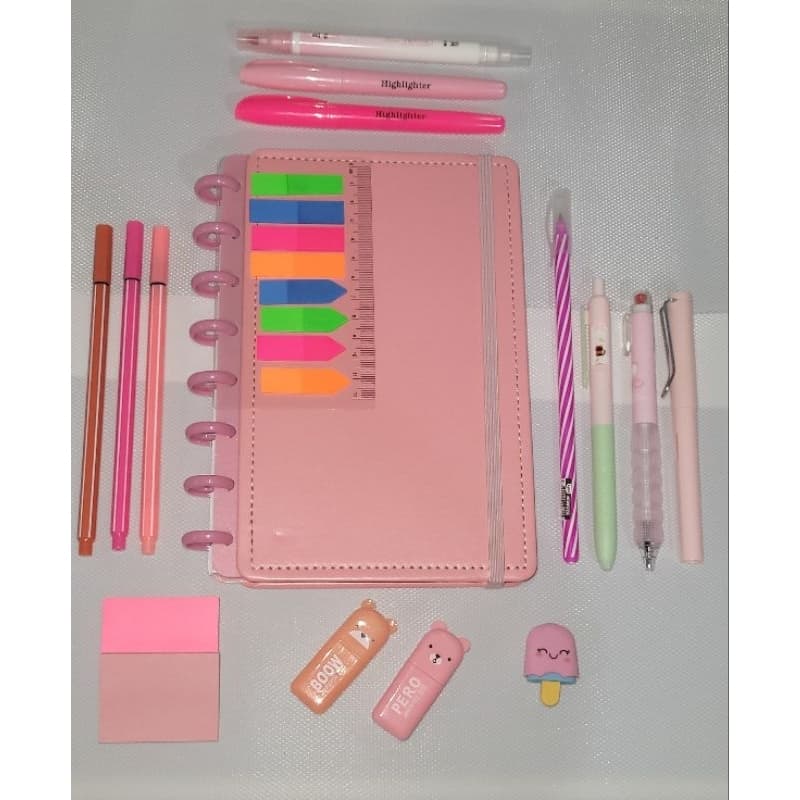 Kit Escolar Papelaria Fofa Kawaii ROSA 16 Itens|Caderno de Discos A5|Kit Completo|Presente Criativo