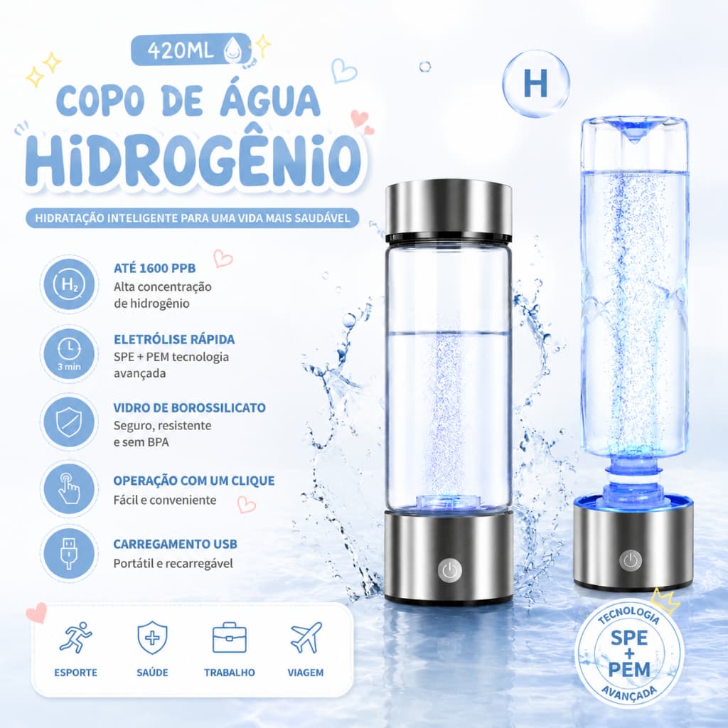 Garrafa Geradora de Hidrogênio H2 420ml Vidro Borossilicato com Tecnologia SPE PEM USB Portátil Prata