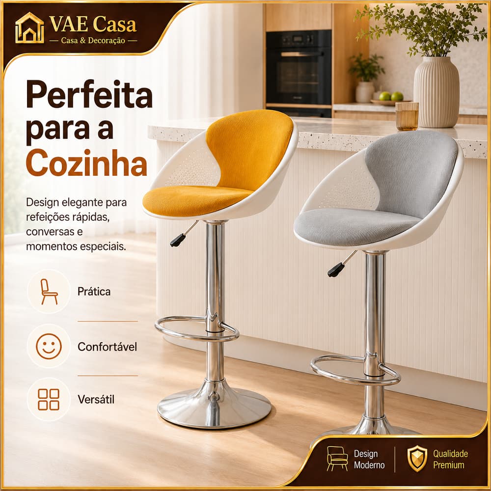 Banqueta De Bar Modelo Ovo Com Assento Em Tecido Cinza E Amarelo, Haste Cromada Ajustável De Altura