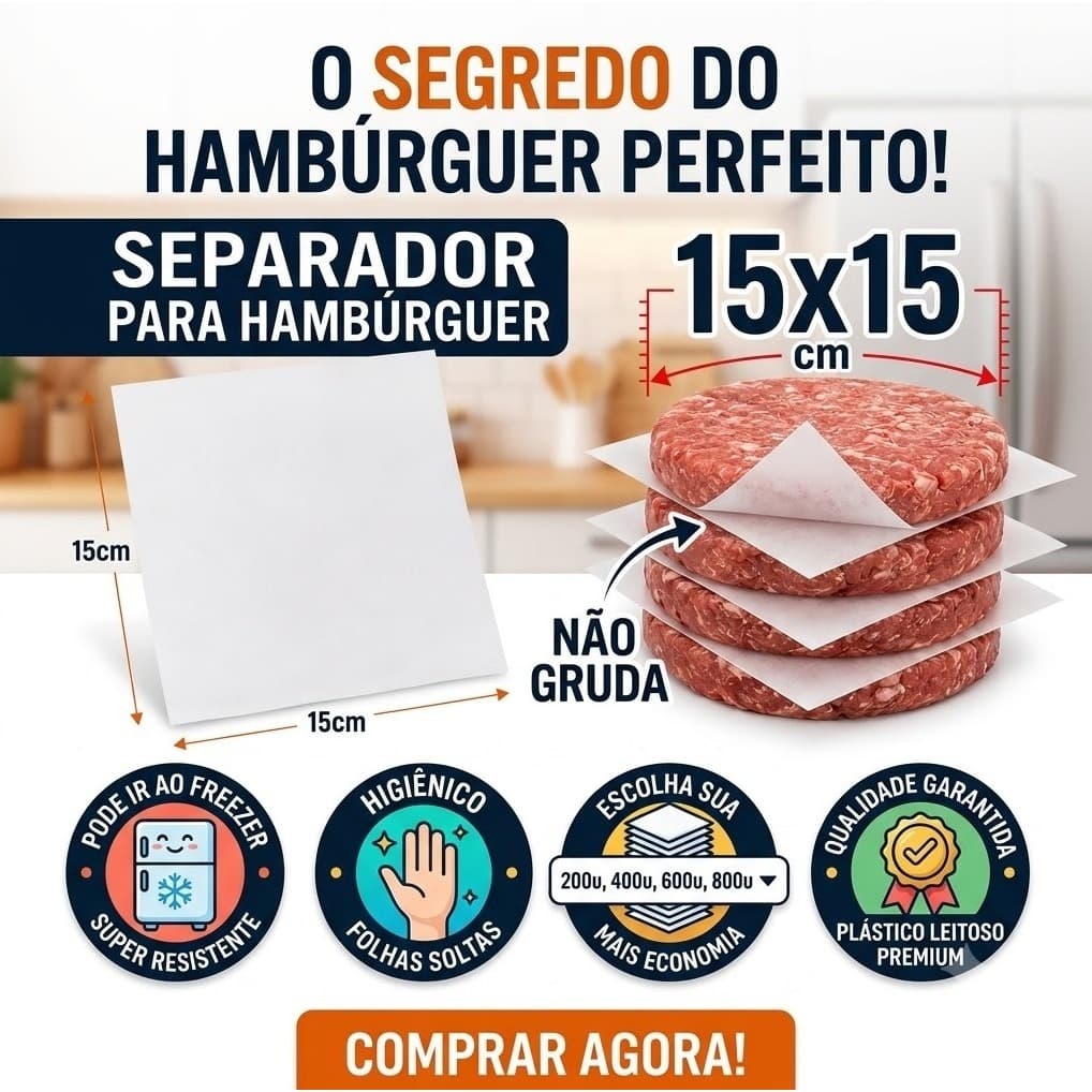 Separadora para Hambúrguer 15x15 Plástico Leitoso 400 Unidades Não Gruda