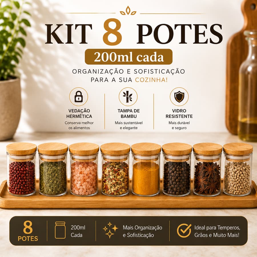 Conjunto 8 Potes De Vidro Com Tampa De Bambu Vedação Hermética 200ml Porta Mantimentos