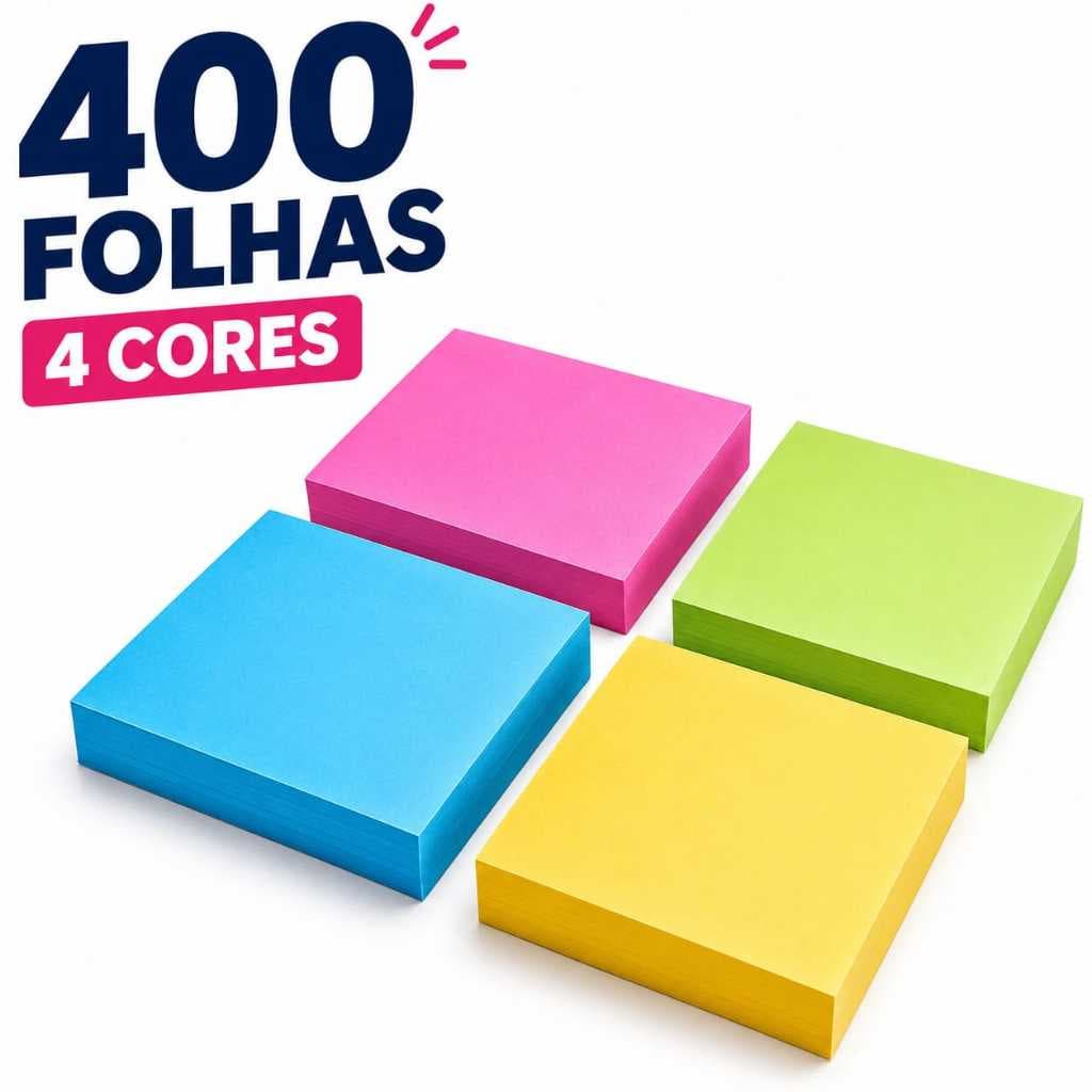 Kit Bloco Adesivo Post-it Neon 37,5x50mm 400 800 1200 1600 Folhas Notas Autoadesivas Papel Anotação escritorio mesapc