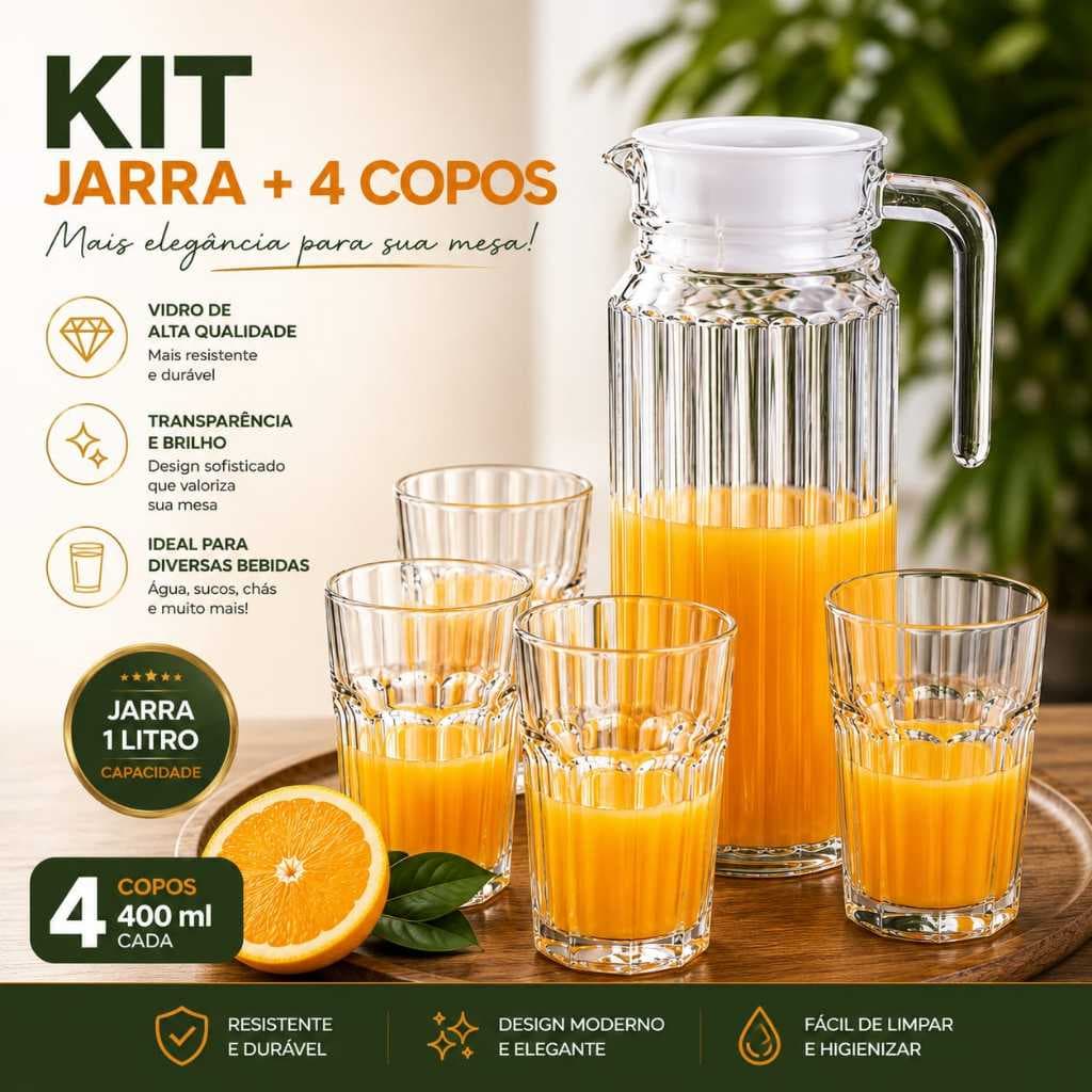 Jogo Cozinha Com 1 Jarra De 1 Litro Vidro Resistente Decorativo Com 4 Copos Vidro Grosso Jogo Jarra Com Copos