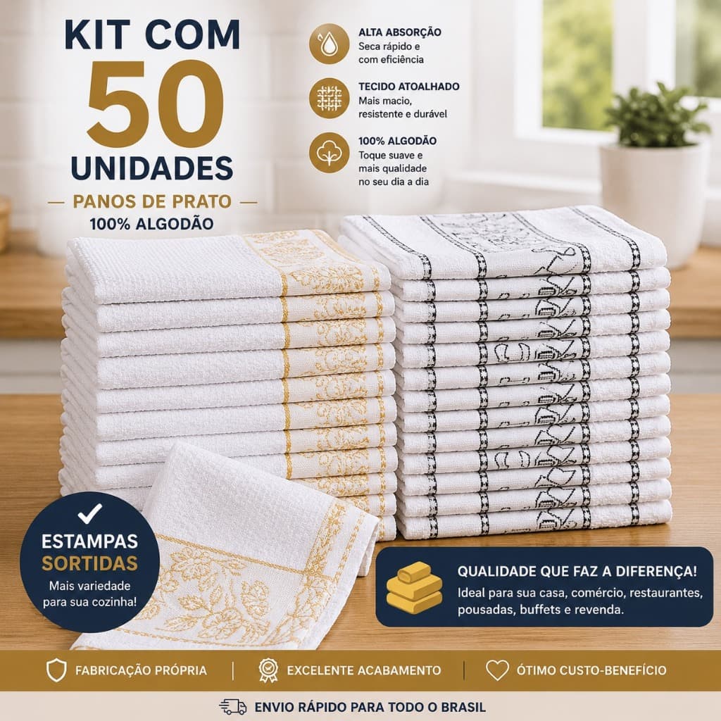 Jogo Pano De Prato 50 Unidades Premium 100% Algodão Direto De Fábrica Para Revenda