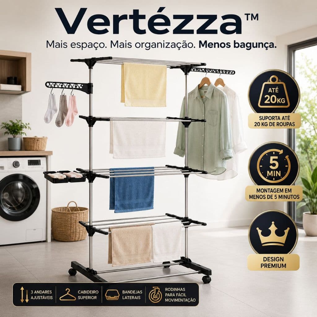 Varal de Chão Vertical 3 Andares com Rodinhas Dobrável Aço Reforçado 48kg Extensível Cabideiro Vertézza™