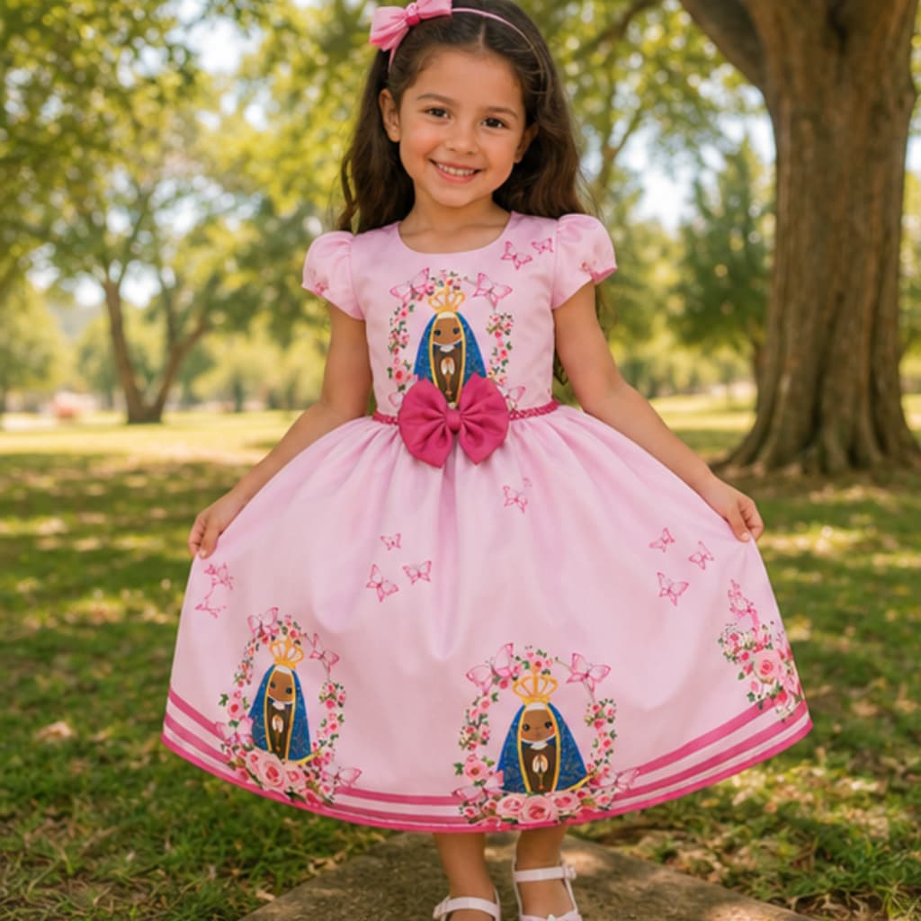 VESTIDO NOSSA SENHORA APARECIDA ROSA MENINA PADROEIRA DO BRASIL INFANTIL