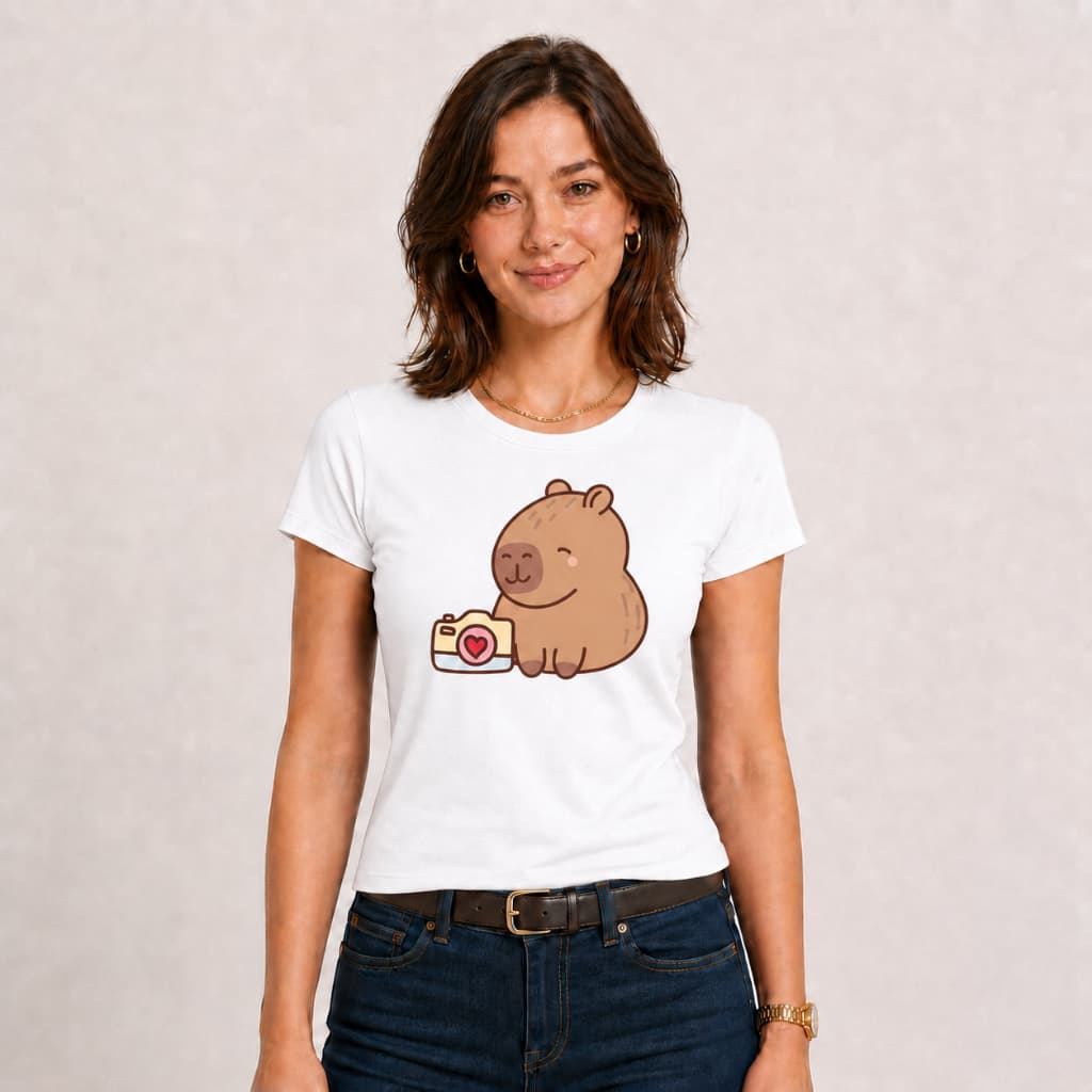 Camiseta T-shirt Feminina Estampada, Capivara Apaixonada, 100% Algodão.