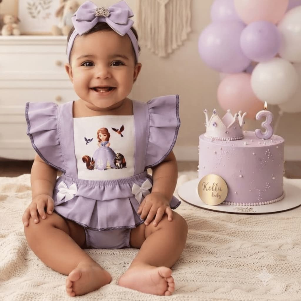 Romper Mesversário Princesa Sofia Bebê 0 a 3 Meses Tactel  Romper ou Romper + Faixa