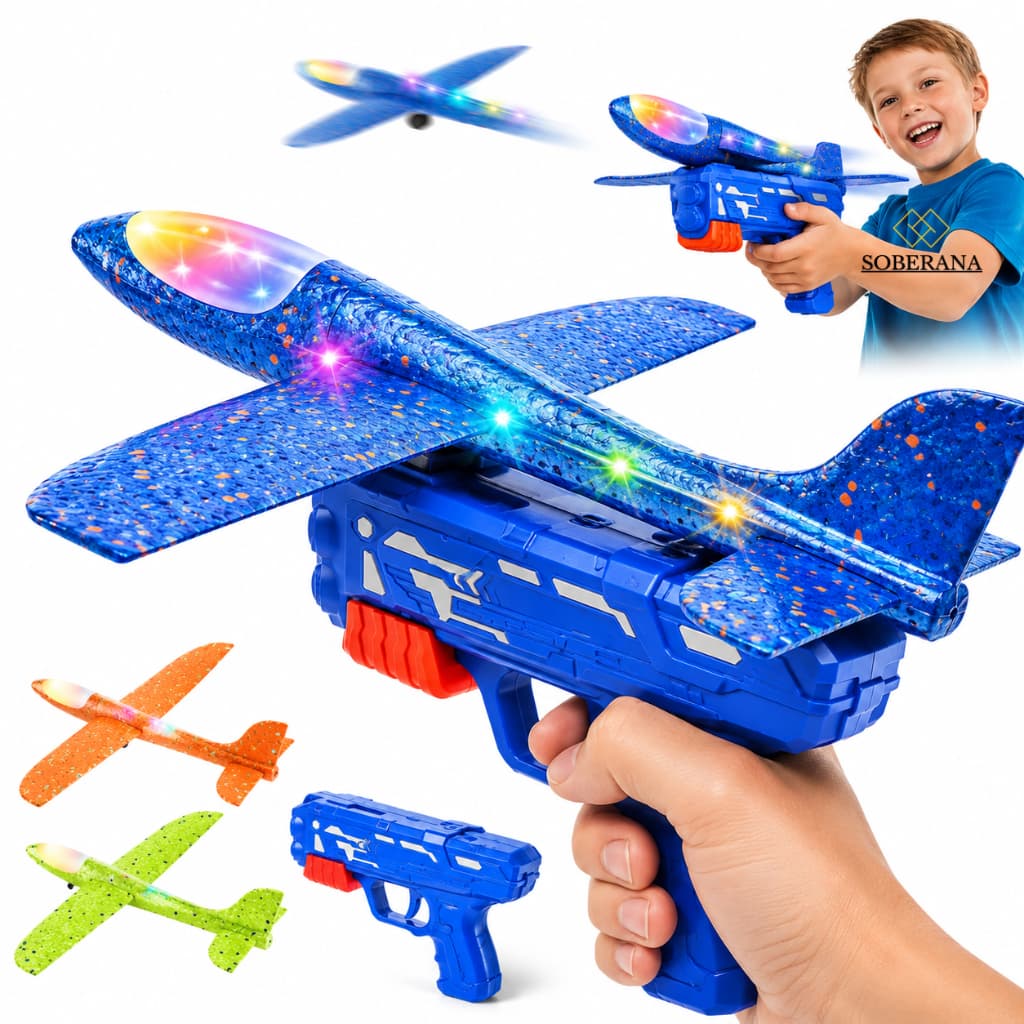 Avião Lançador Infantil com Pistola Planador Brinquedo Voador Luz LED Presente Criança