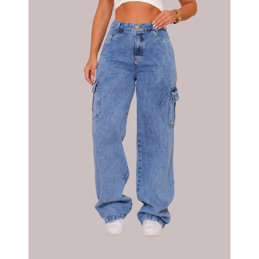 Calça Cargo Jeans Feminina Bolso Lateral Cintura Alta Wide Leg Pantalona do 36 ao 44