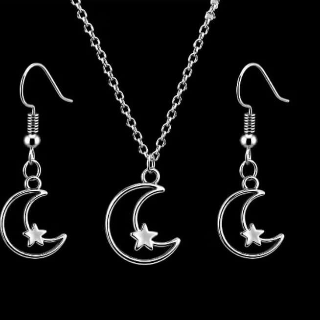 Conjunto Colar Brincos Lua Estrela Aço Inox Prateado Feminino Presente