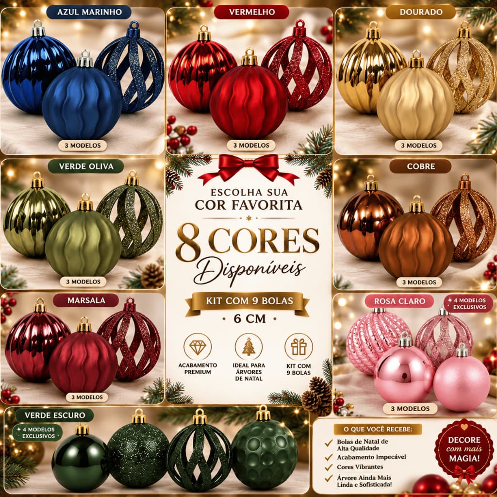 Kit 9 ou 18 Bolas De Natal 6 Cm Enfeites Premium Para Árvore Sofisticada Cobre Dourado Vermelha Verde Azul Rosa