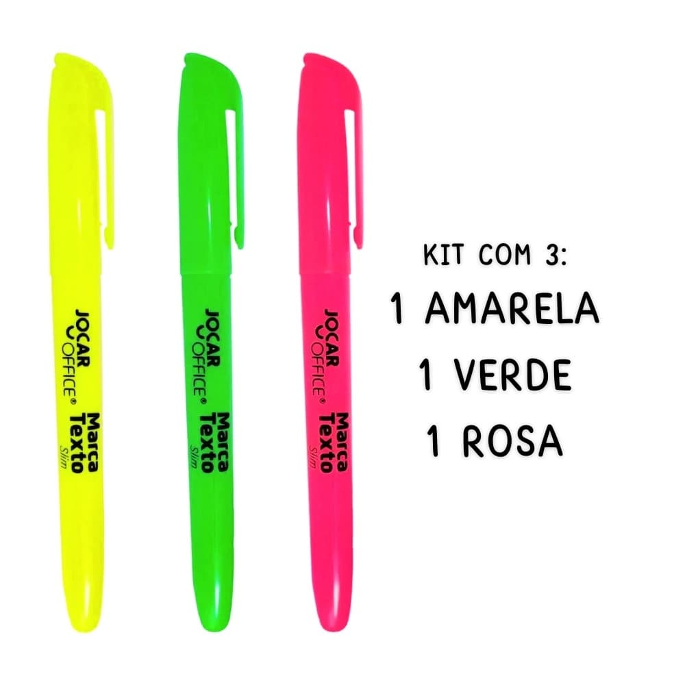 Kit Marca Texto Jocar Office 3 Cores Caneta Marca Texto Escolar Escritório Fluorescente