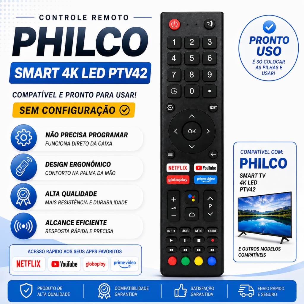 Controle Remoto TV Philco Smart 4K LED PTV42 Compatível Pronto Uso Sem Configuração