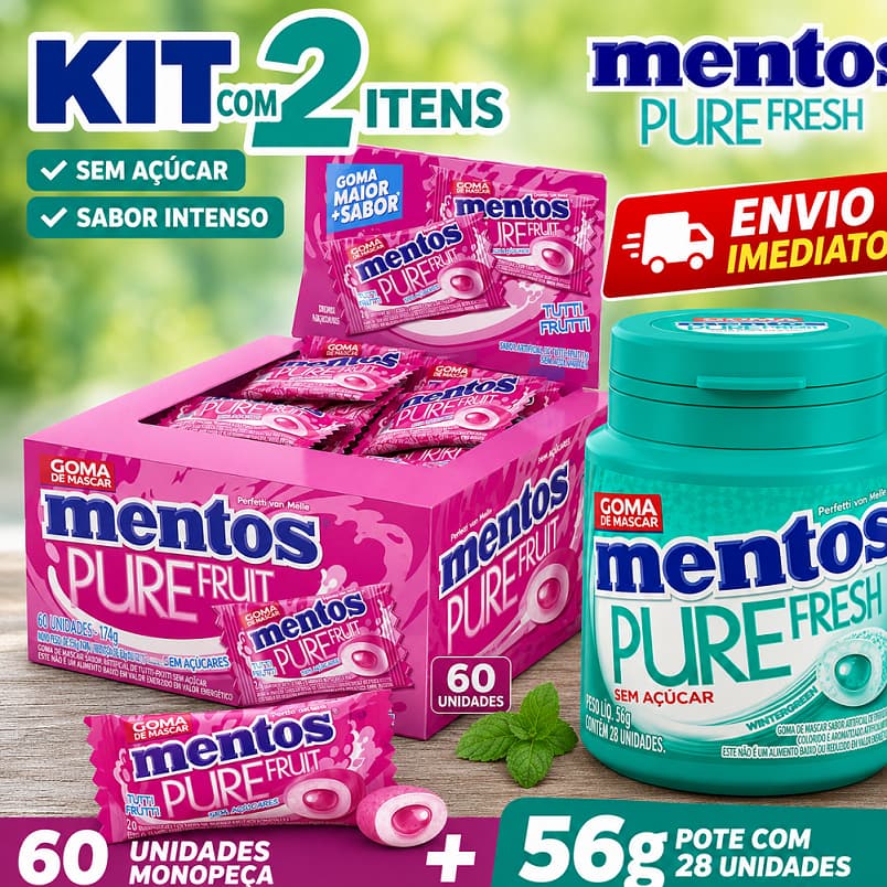 Kit Mentos Pure Fresh Sem Açúcar Wintergreen 56g Pote + Chiclete Mentos Monopeça Caixa 60 Unidades Sabor Tutti Frutti