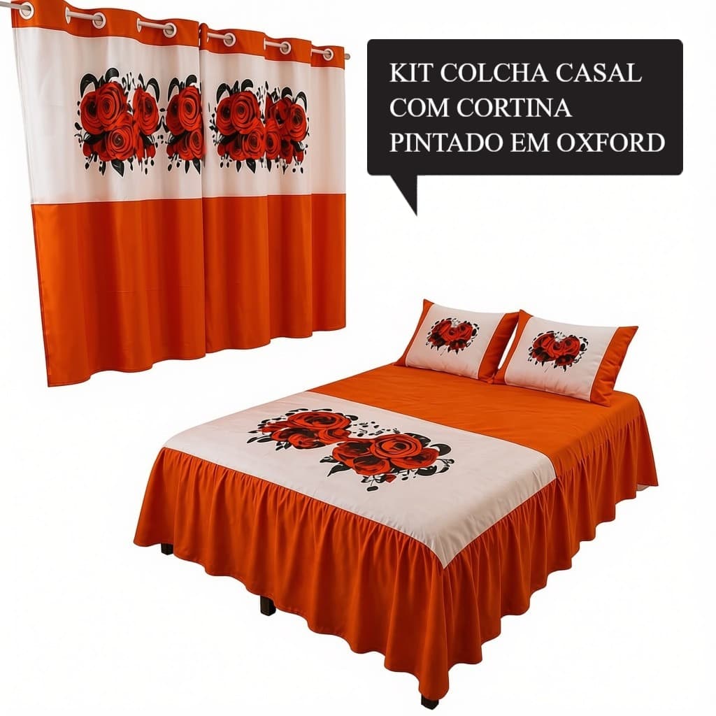 KIT COLCHA COM CORTINA PINTADO EM OXFORD Colcha | Cortina | Fronhas | Lençol de Babado KIT BOX