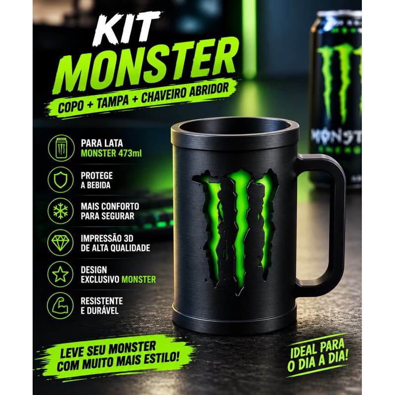 Copo para lata Monster 473ml com tampa + chaveiro abridor personalizado