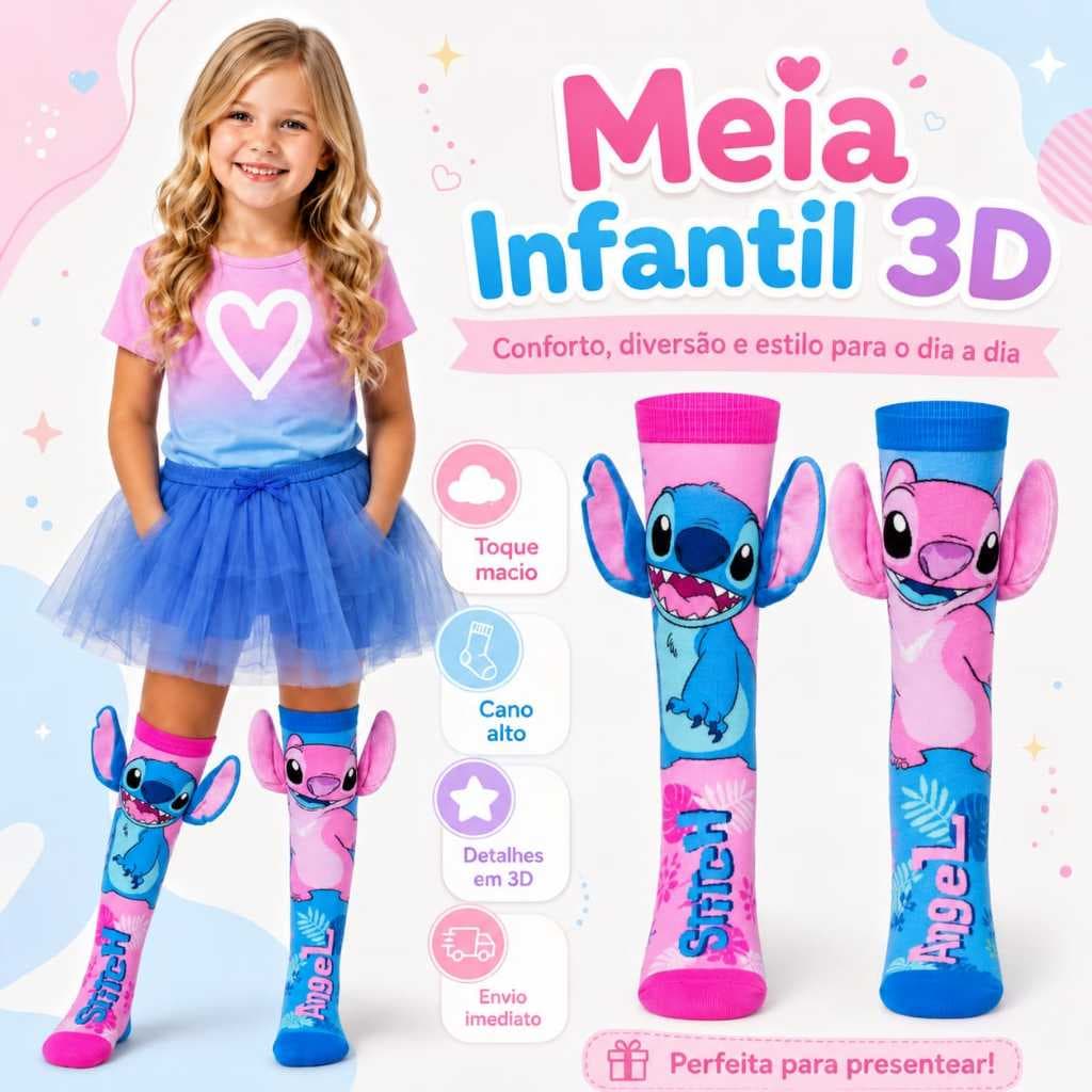 Meia Maluca Infantil 3D Cano Alto Menino e Menina Divertida Colorida