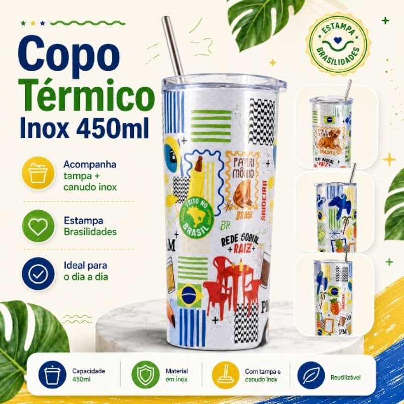 Copo térmico inox Brasilidades  Copo Térmico Brasilidades 450ml Inox com Tampa e Canudo Presente Criativo Brasileiro
