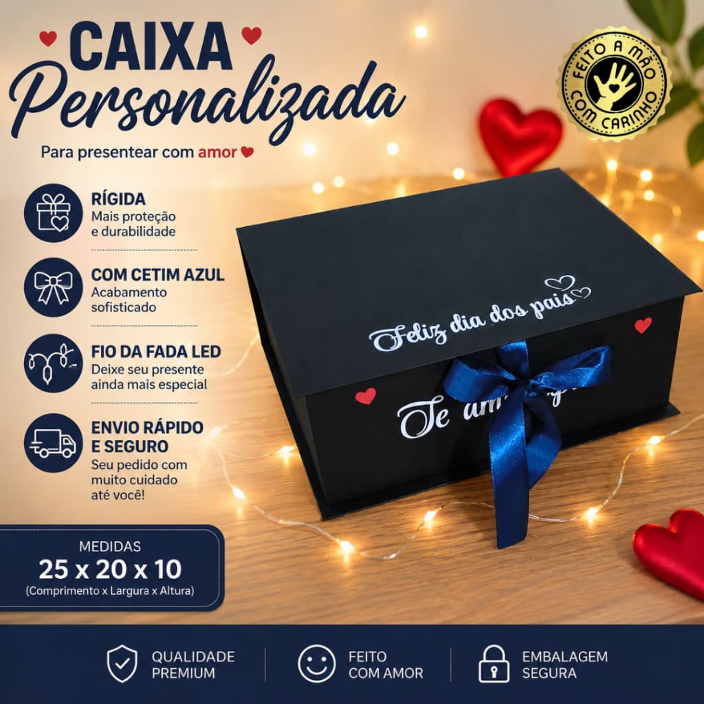 Caixa Dia dos Pais Personalizada com Fotos e LED | Caixa Rígida Premium com Palha Decorativa e Laço de Cetim Azul