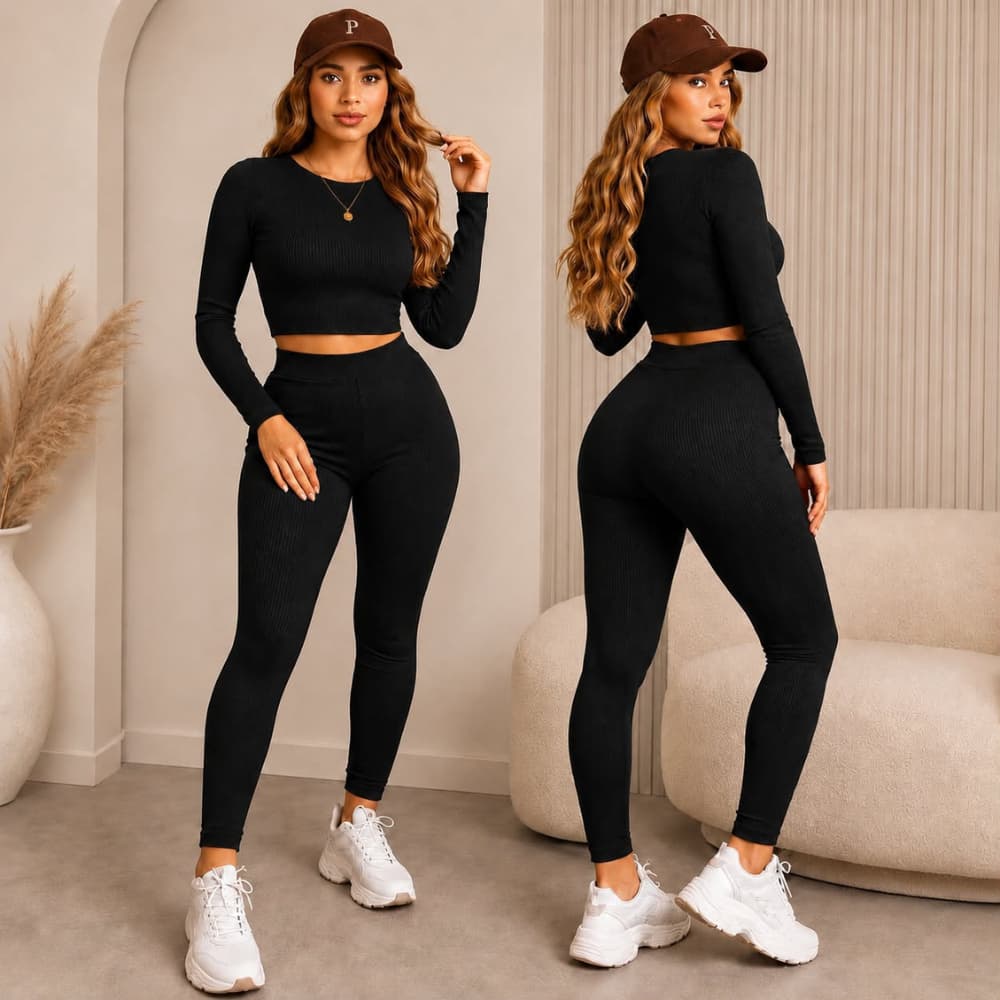 Conjunto Feminino Calça e Cropped Manga Longa Canelado Cintura Alta Premium Moda Inverno